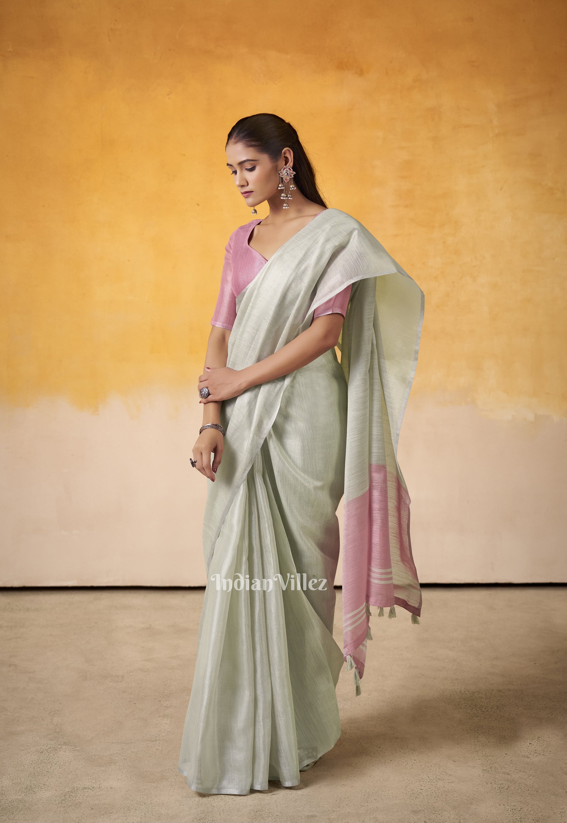 Beige Pink Banarasi Tissue Silk Saree