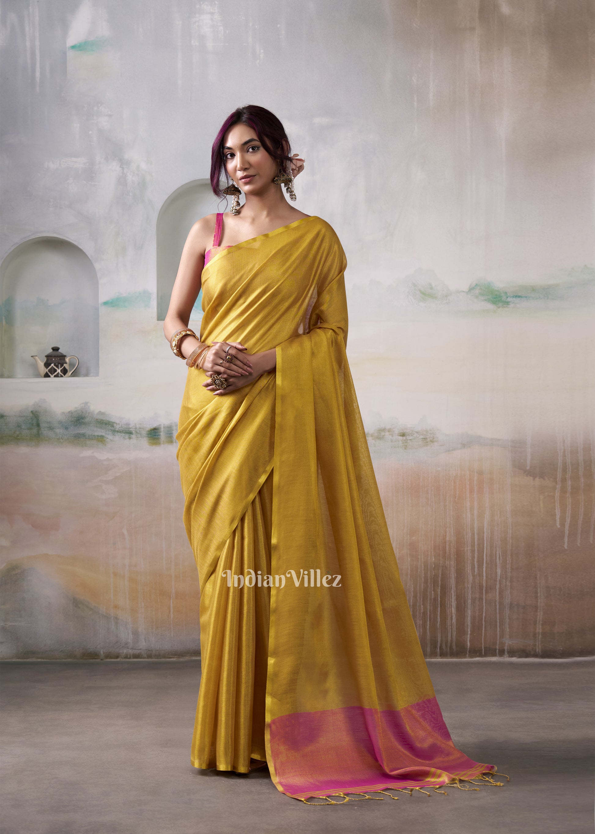 Golden Yellow Tissue Silk Woven Plain Saree 