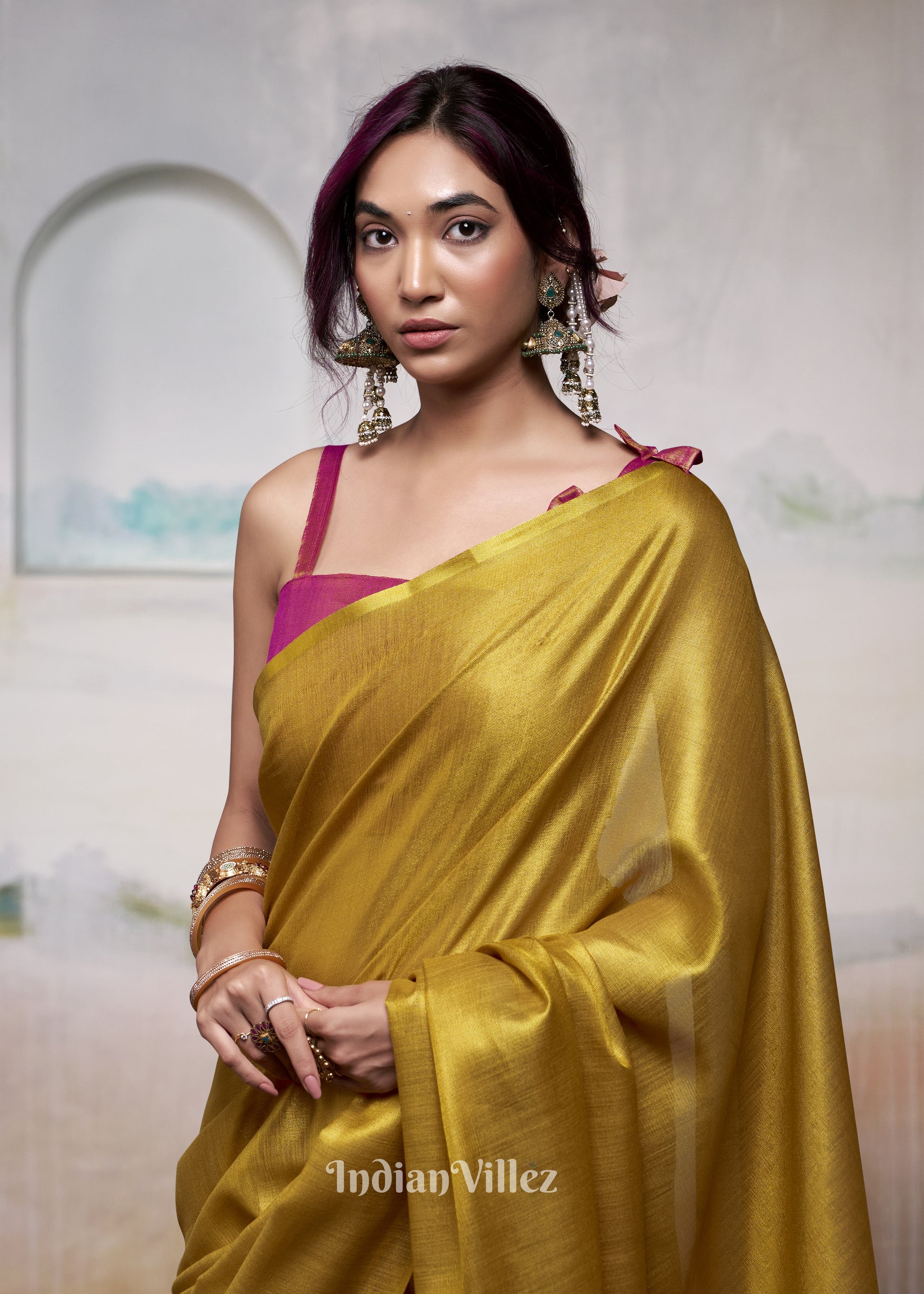 Golden Yellow Tissue Silk Woven Plain Saree 