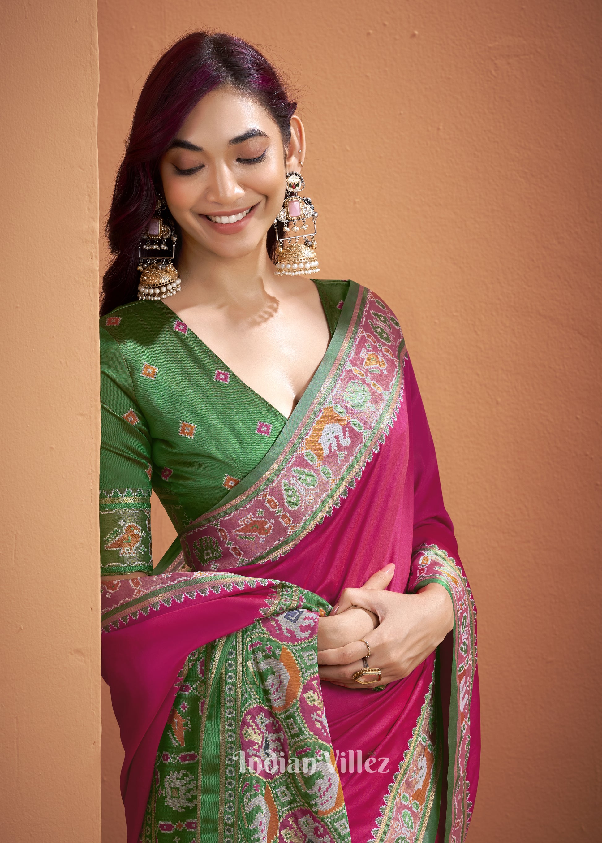 Magenta Pink Green Woven Banarasi Patola Silk Saree