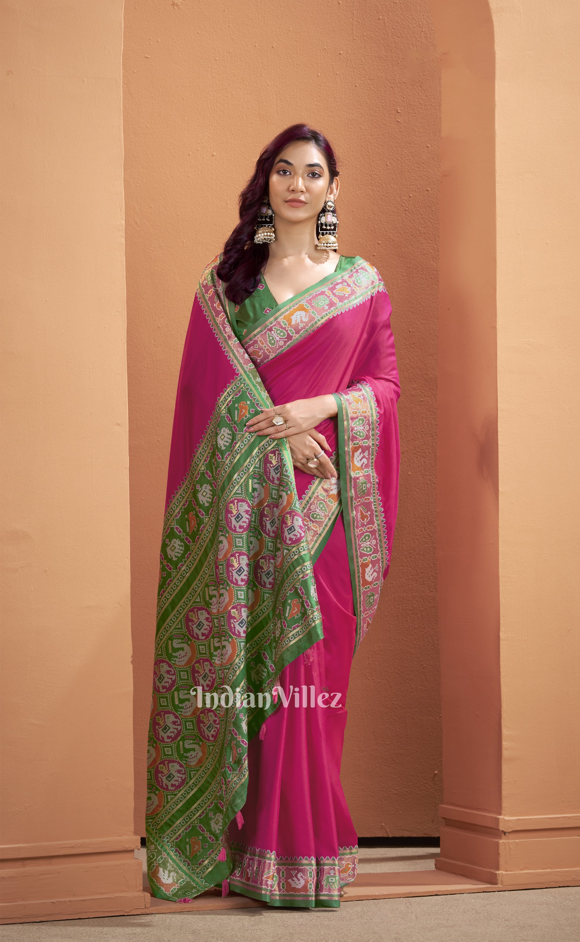 Magenta Pink Green Woven Banarasi Patola Silk Saree