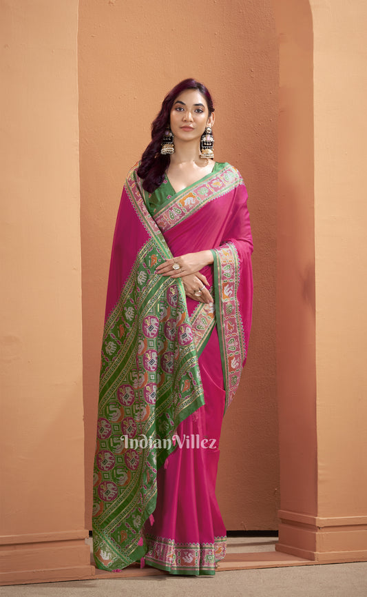 Magenta Pink Green Woven Banarasi Patola Silk Saree
