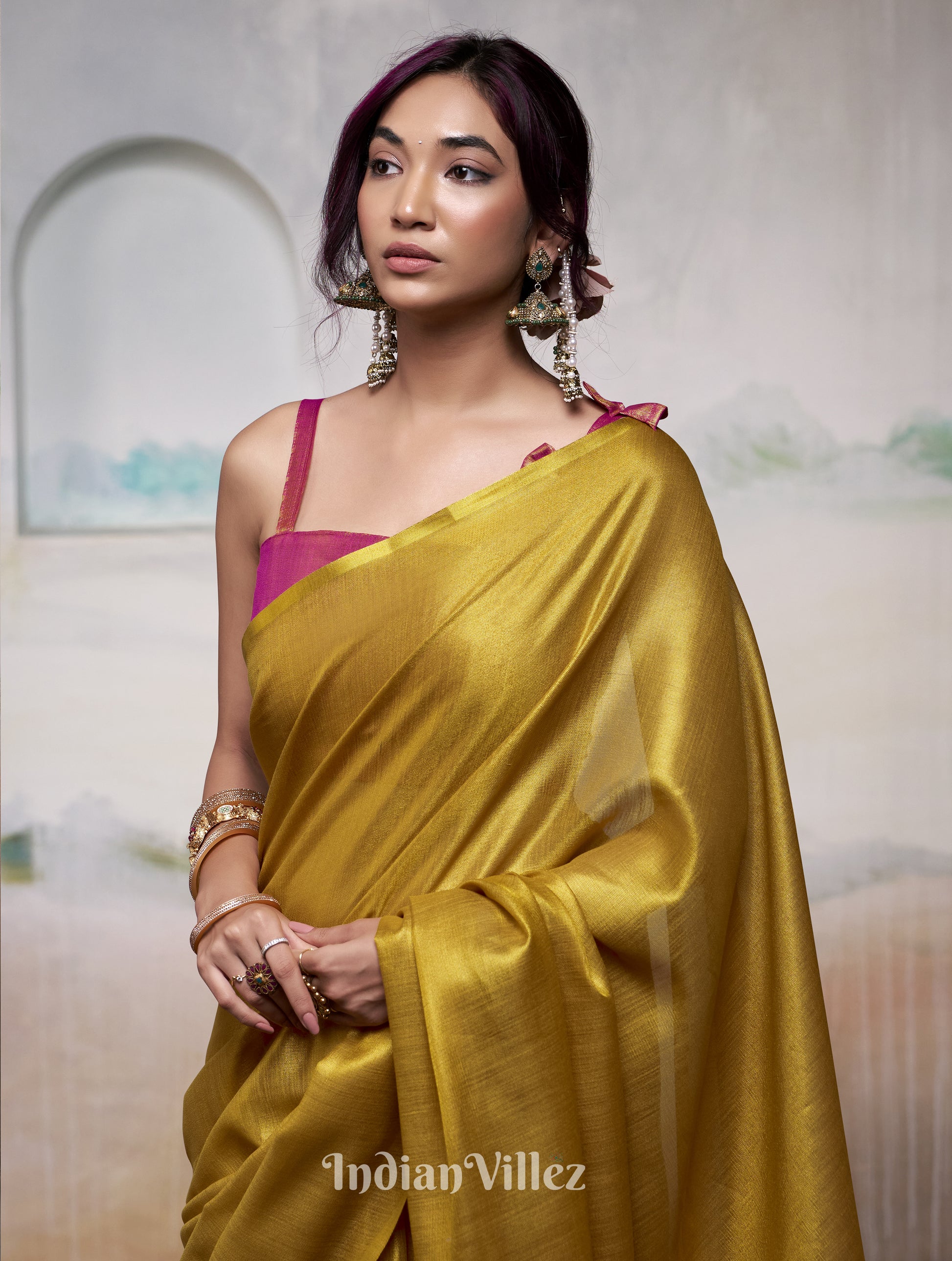 Golden Yellow Tissue Silk Woven Plain Saree 