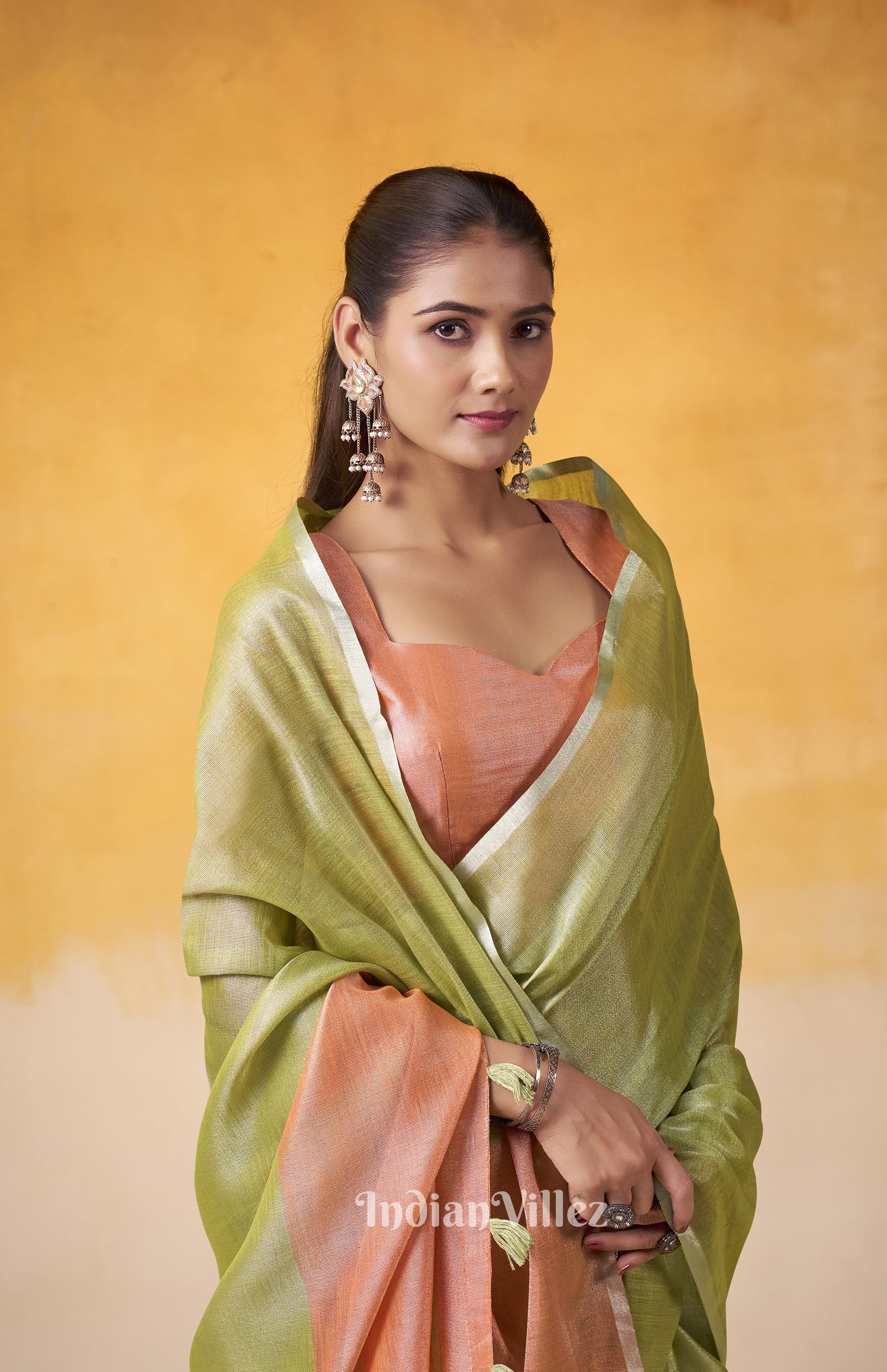 Mehendi Green Peach Banarasi Tissue Silk Saree