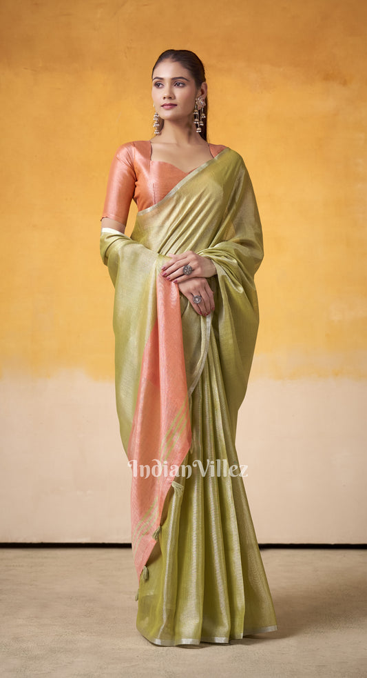 Mehendi Green Peach Banarasi Tissue Silk Saree