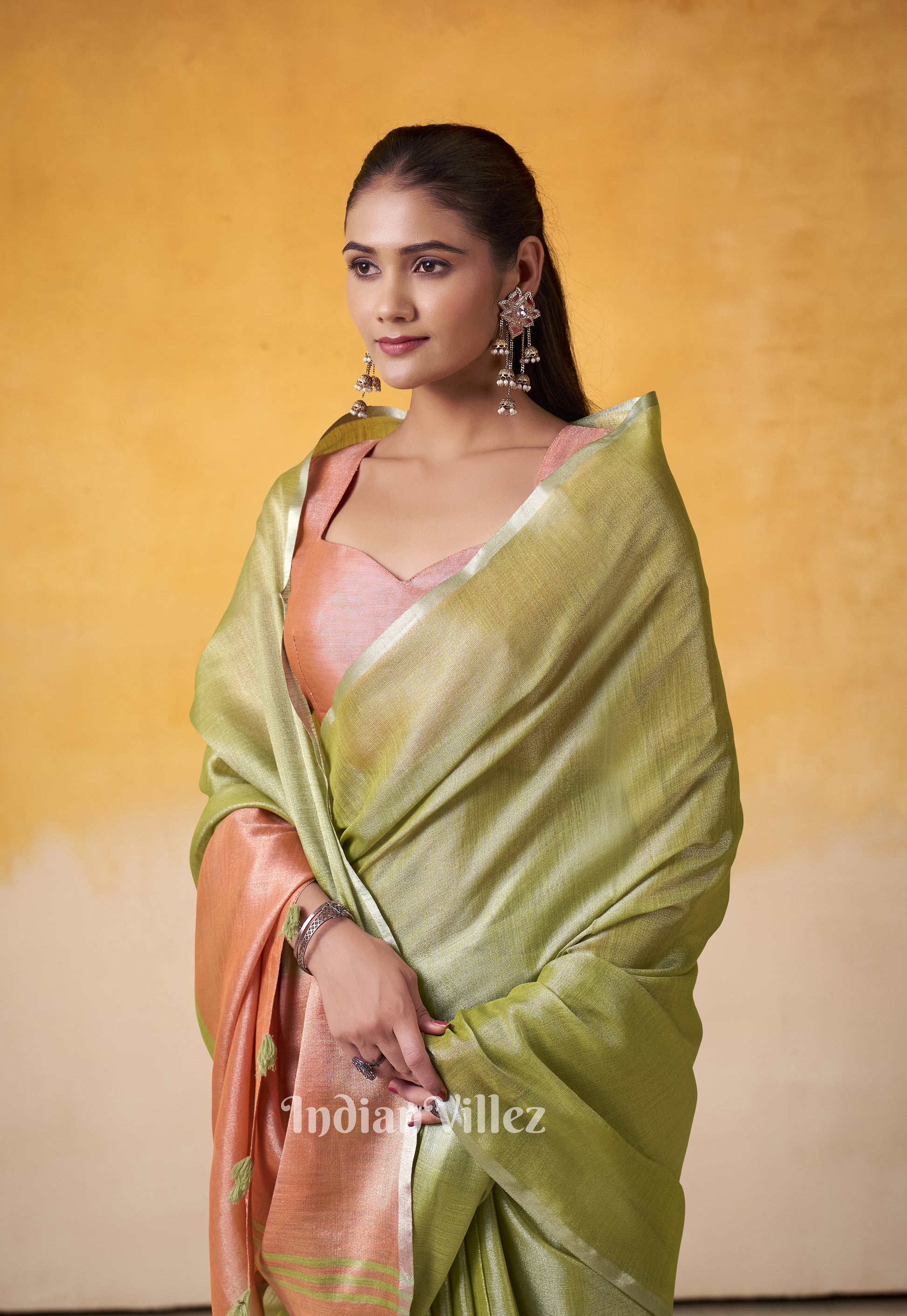 Mehendi Green Peach Banarasi Tissue Silk Saree