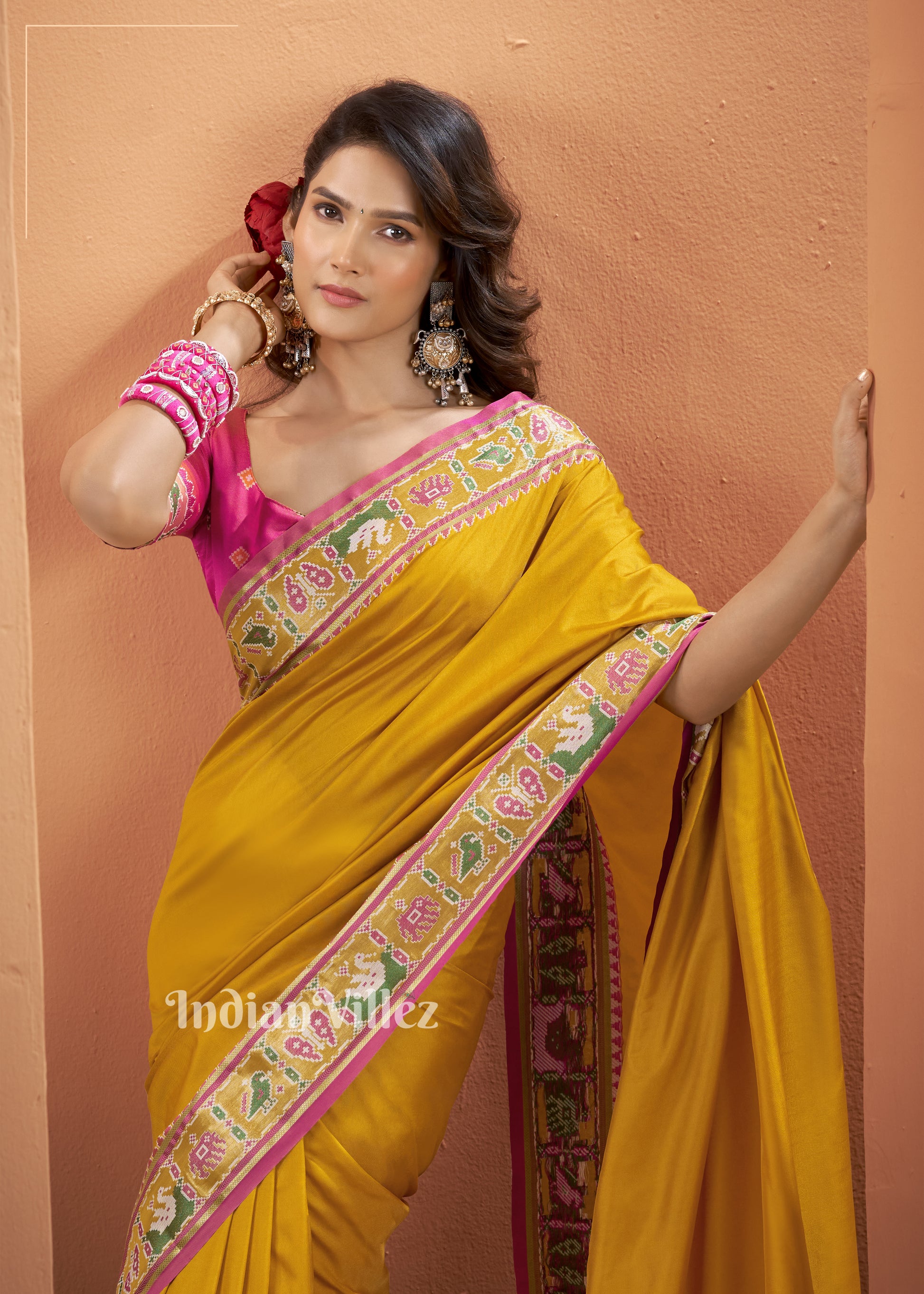 Mustard Yellow Pink Woven Banarasi Patola Silk Saree 