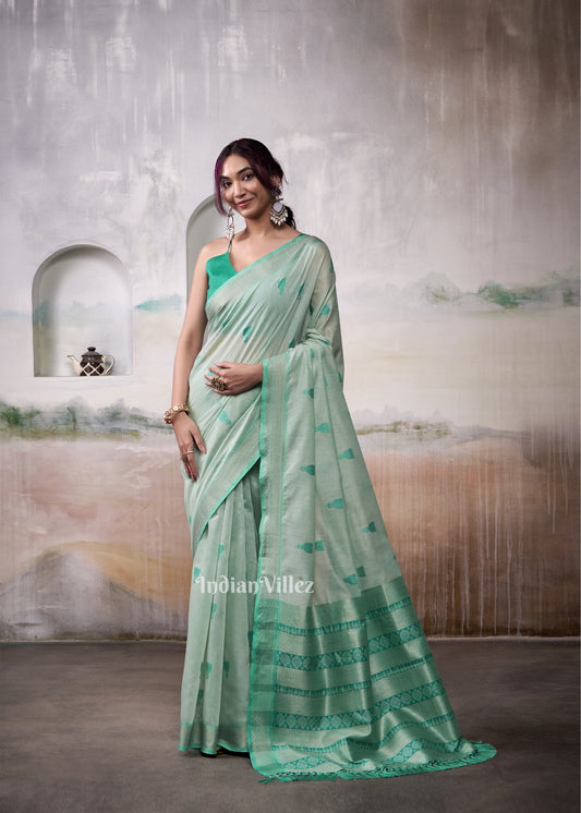 Aqua Green Floral Cotton Woven Saree