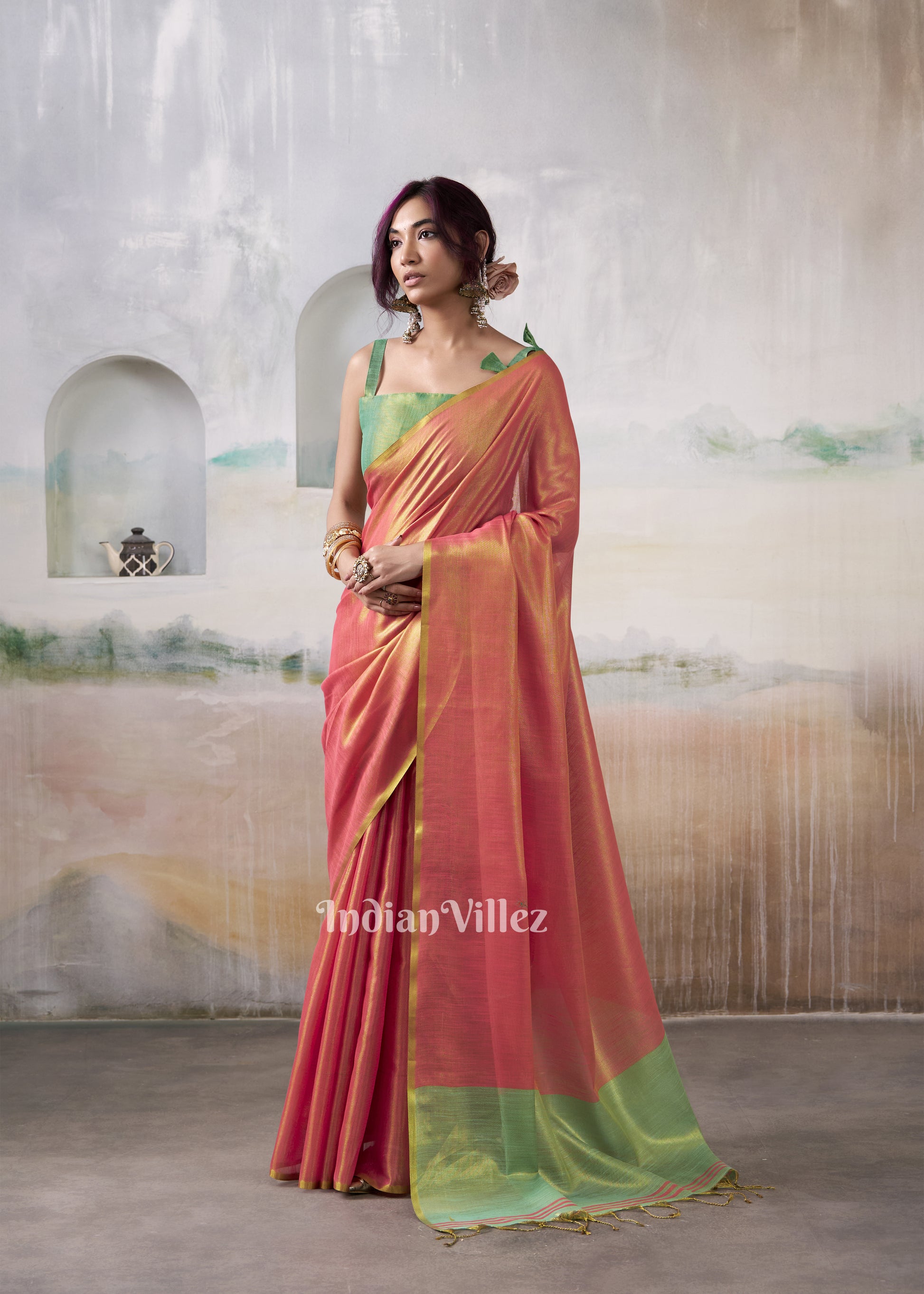 Sunset Orange Tissue Silk Woven Plain Saree 