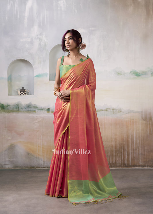 Sunset Orange Tissue Silk Woven Plain Saree 