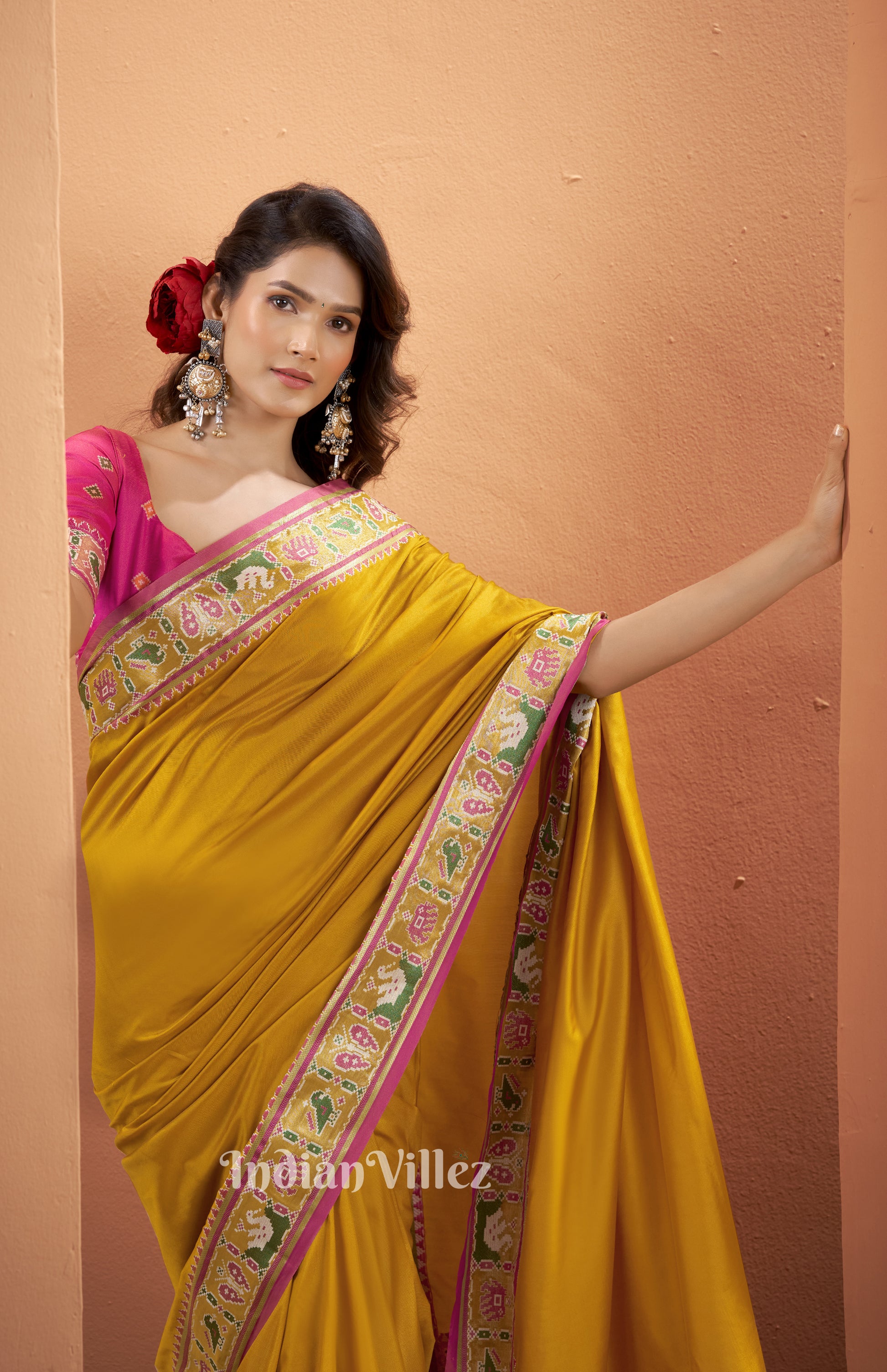Mustard Yellow Pink Woven Banarasi Patola Silk Saree 