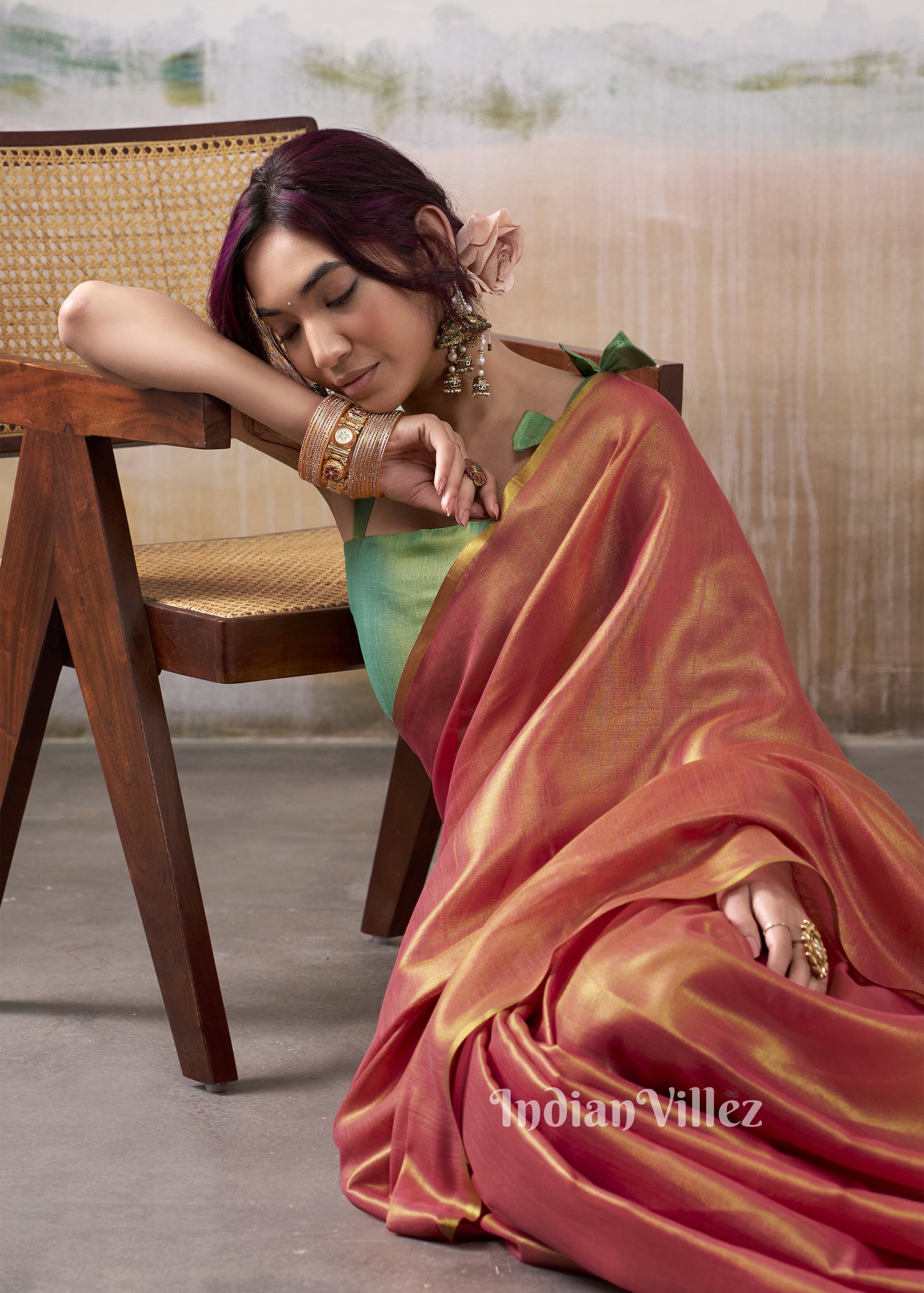 Sunset Orange Tissue Silk Woven Plain Saree 