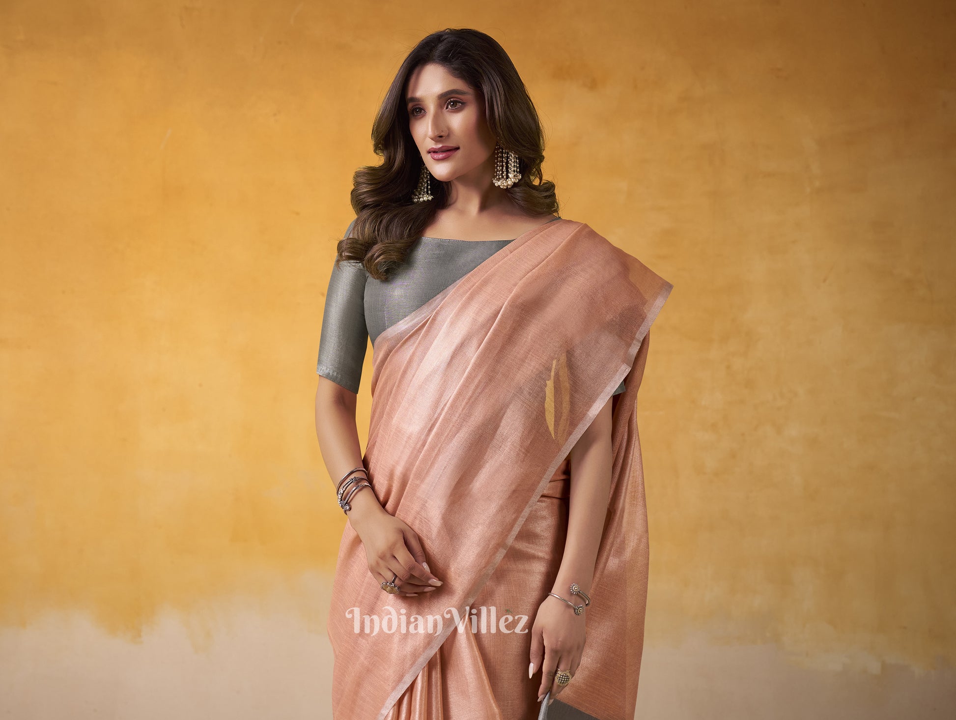 Peach Banarasi Tissue Silk Saree