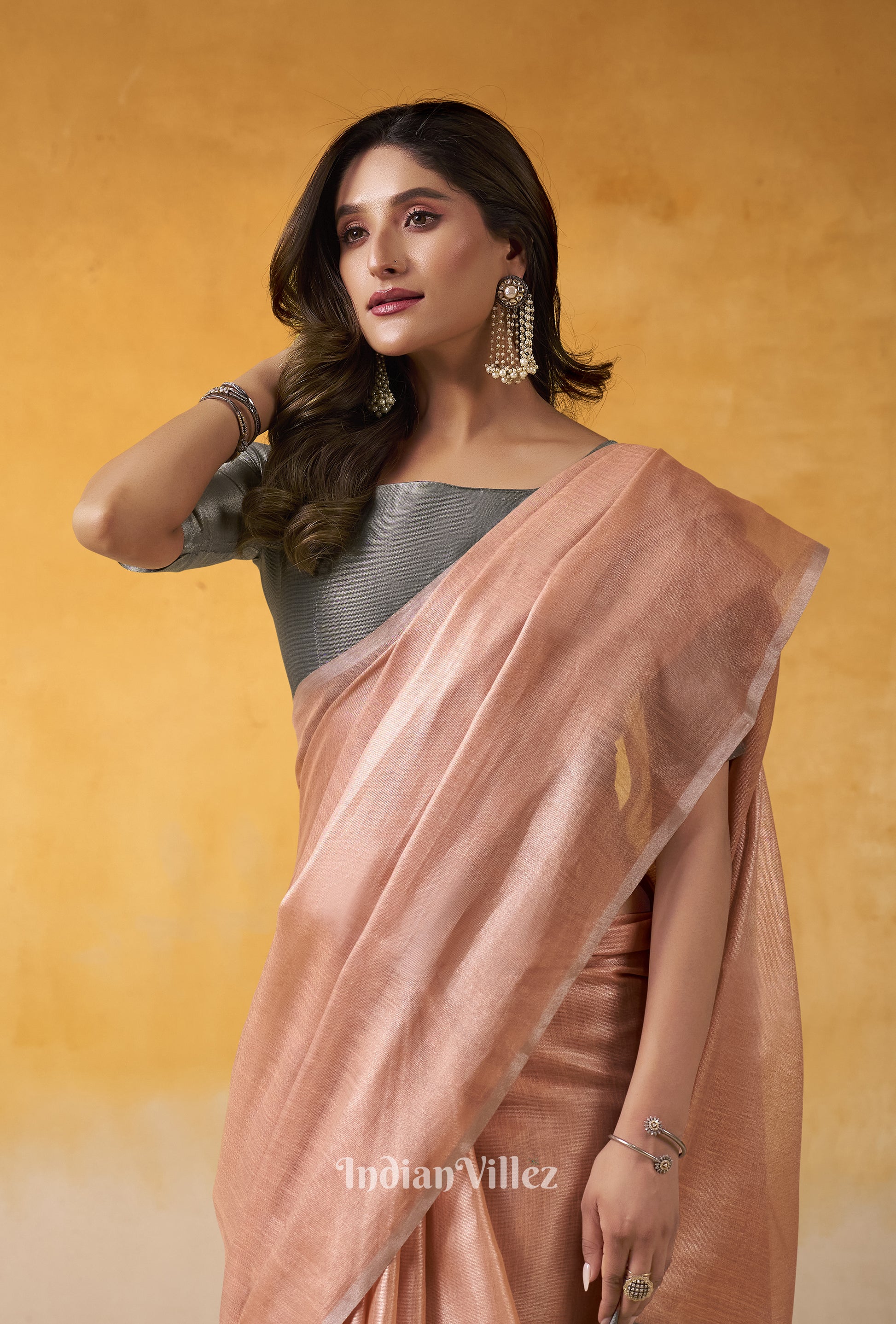 Peach Banarasi Tissue Silk Saree