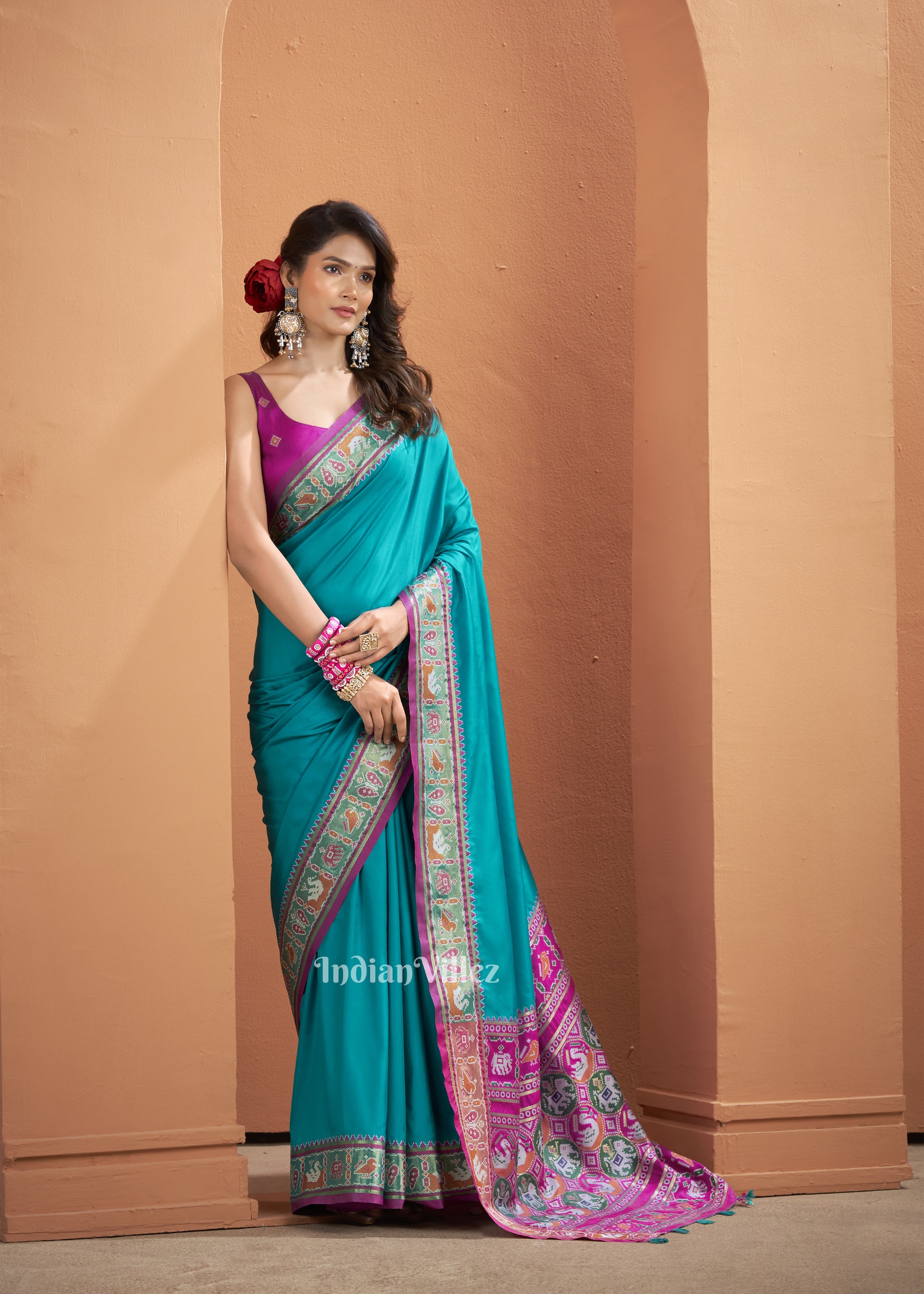 Teal Blue Woven Banarasi Patola Silk Saree 