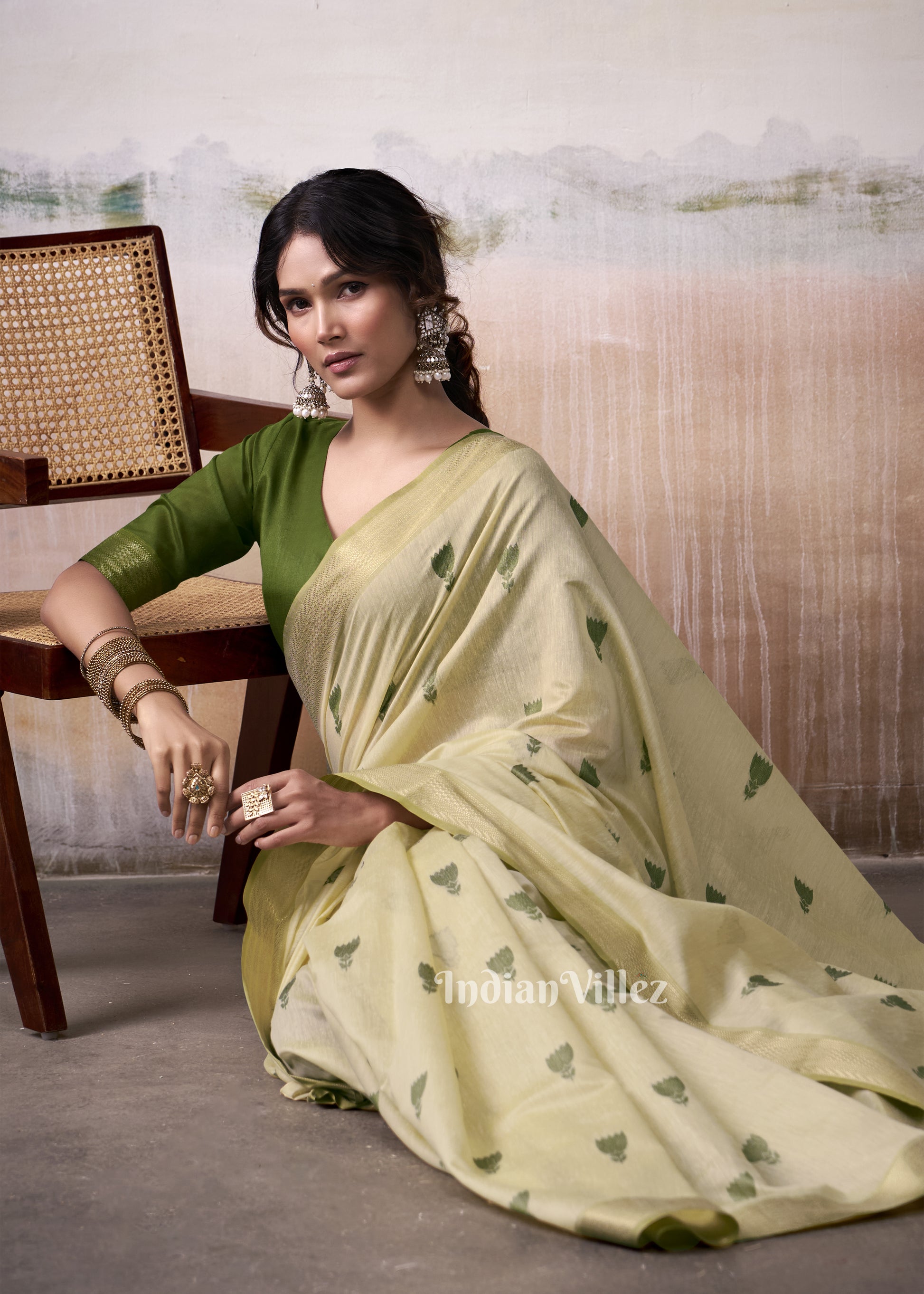 Beige Green Floral Cotton Woven Saree 