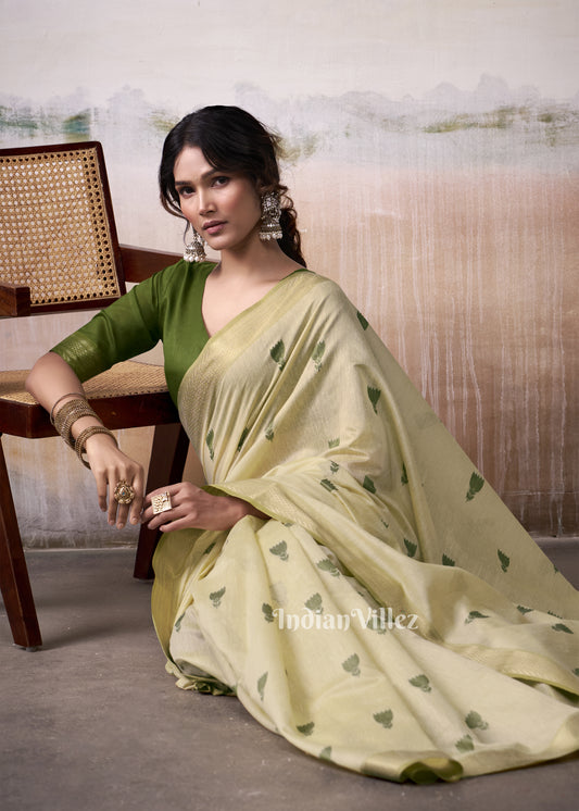 Beige Green Floral Cotton Woven Saree 
