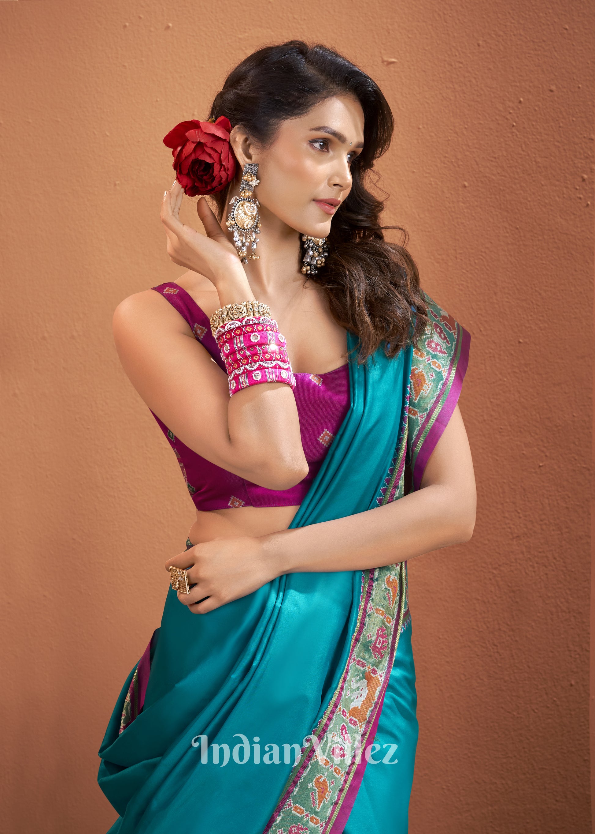 Teal Blue Woven Banarasi Patola Silk Saree 