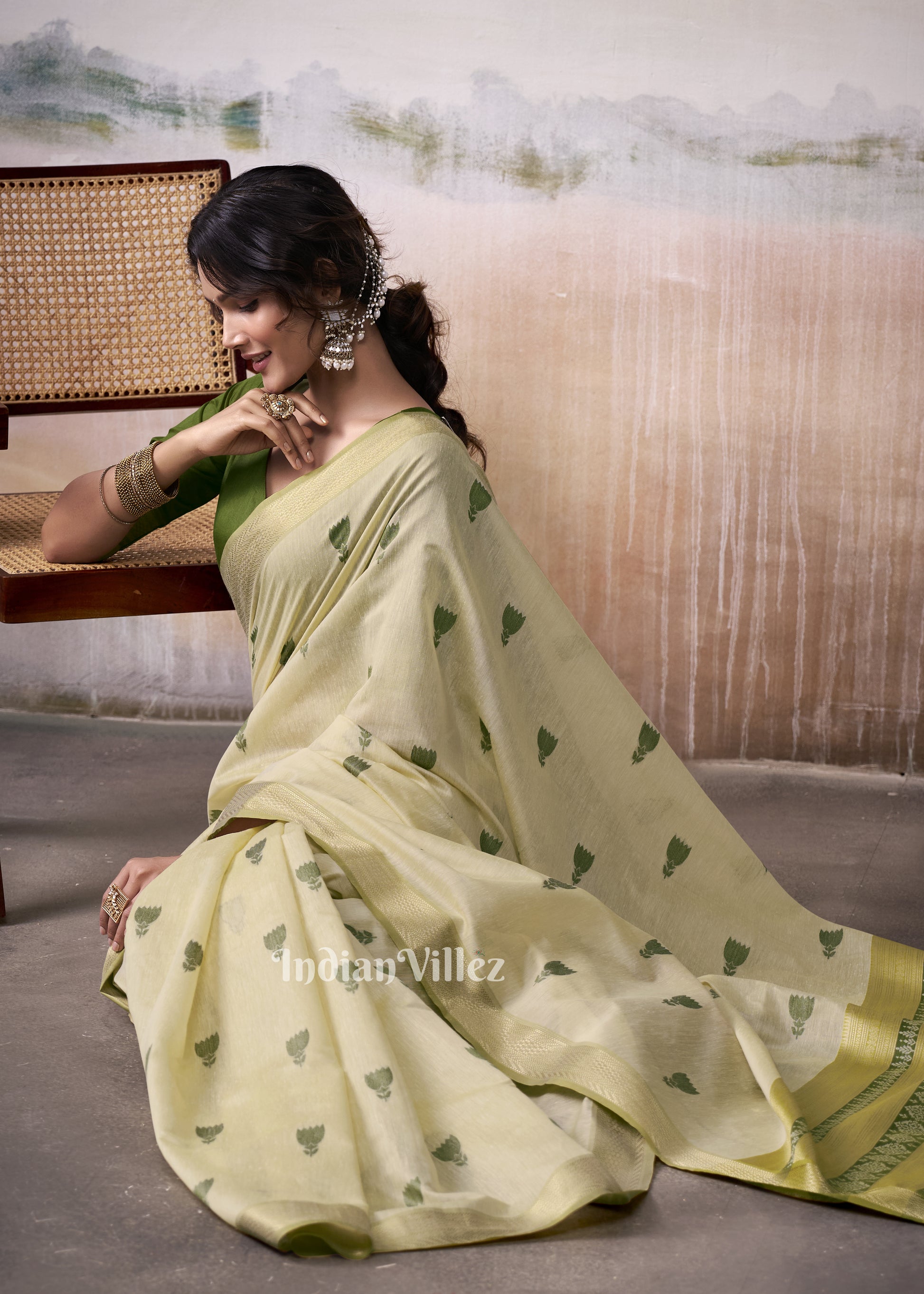 Beige Green Floral Cotton Woven Saree 