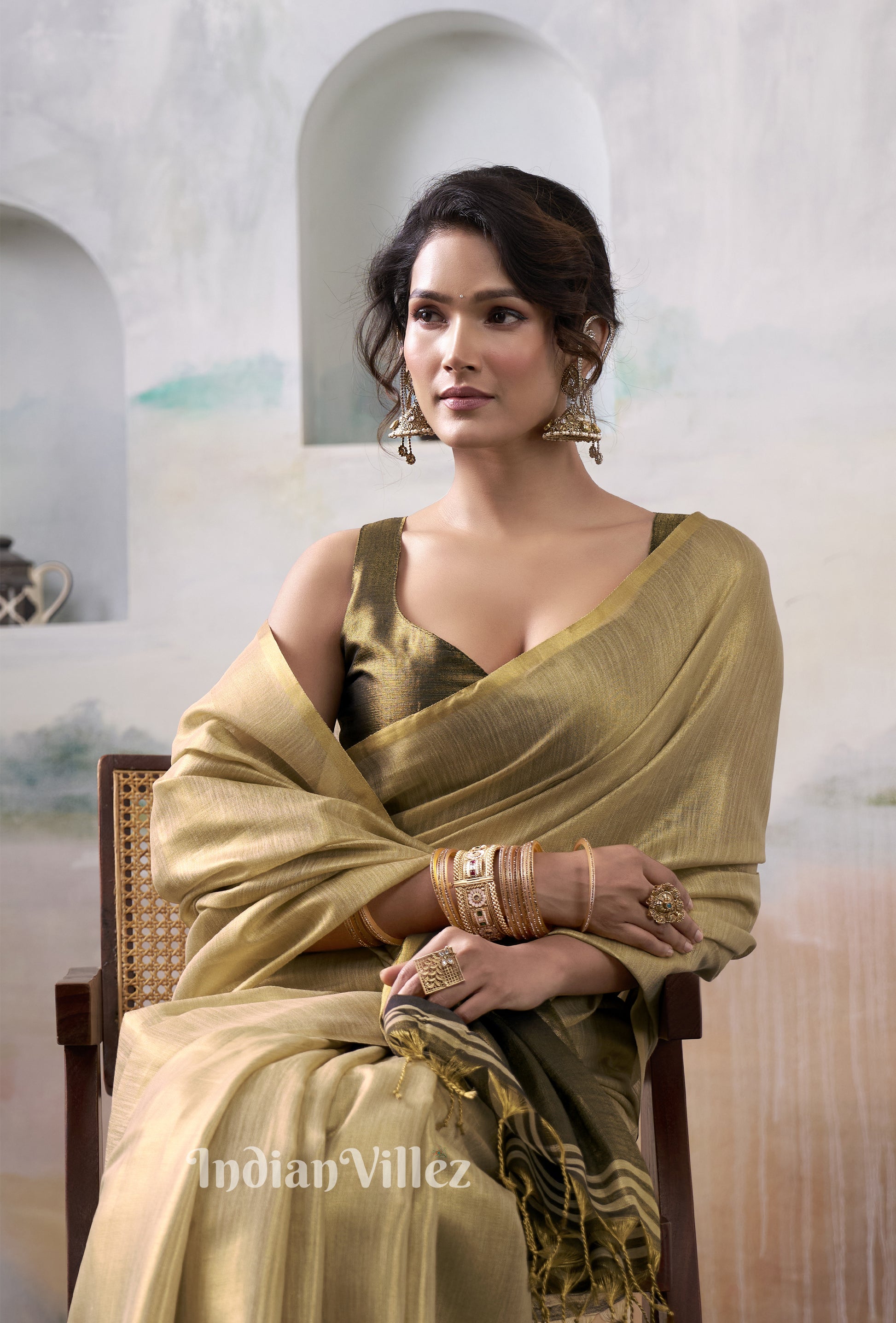 Golden Tissue Silk Woven Plain Saree 