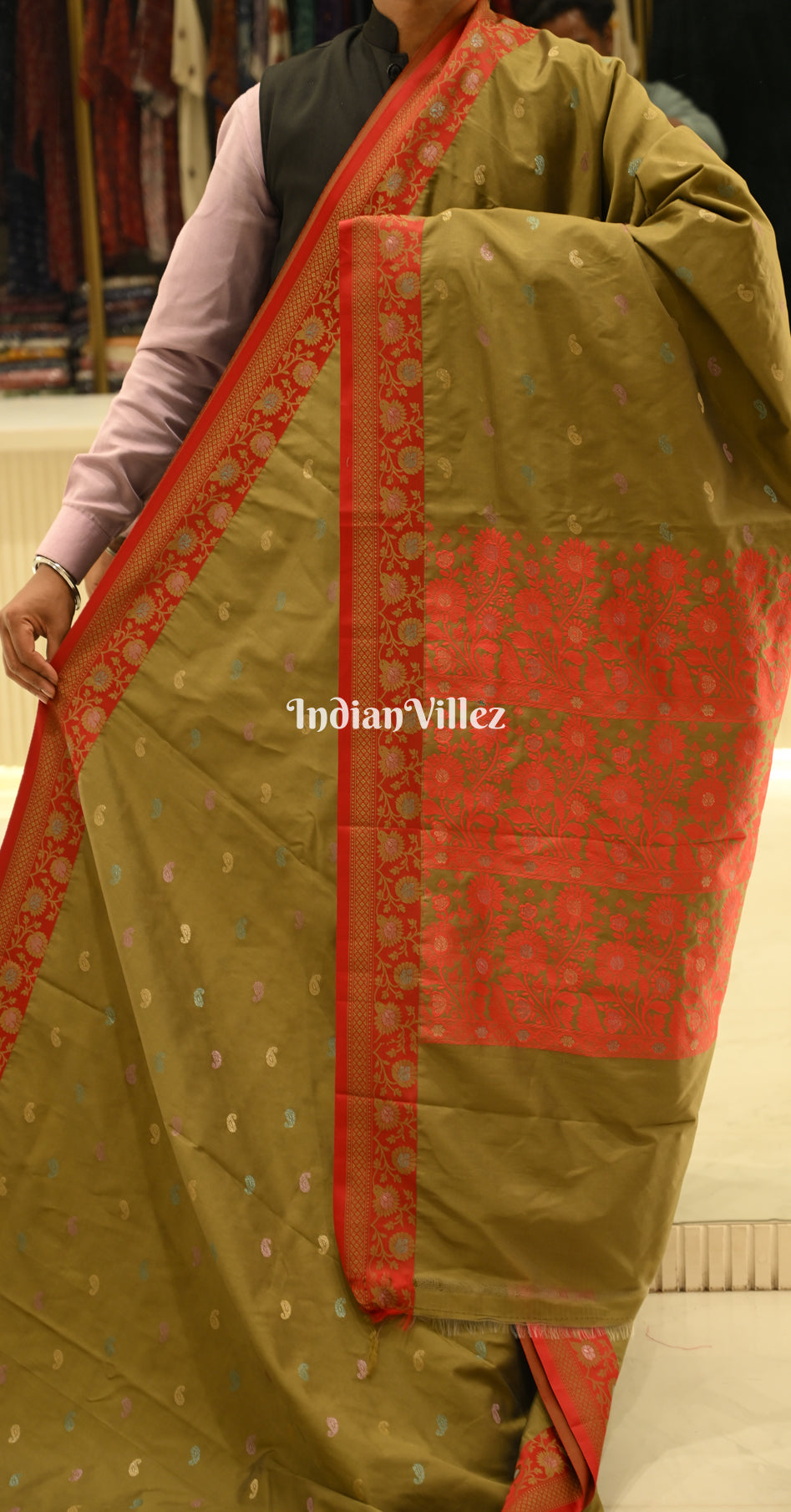 Mehendi Green Red  Kanjivaram Silk Saree