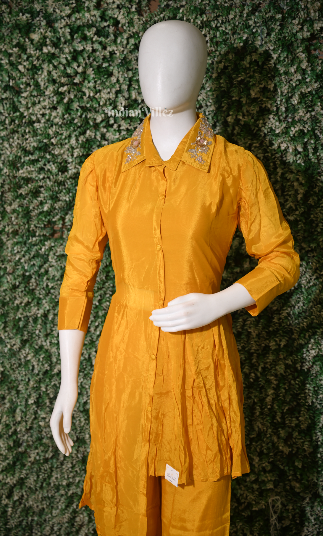  Mustard Yellow Embroidered Collar Hight low kurta with pant Set
