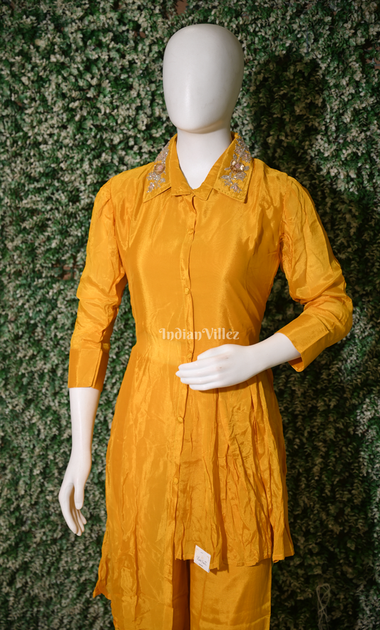  Mustard Yellow Embroidered Collar Hight low kurta with pant Set