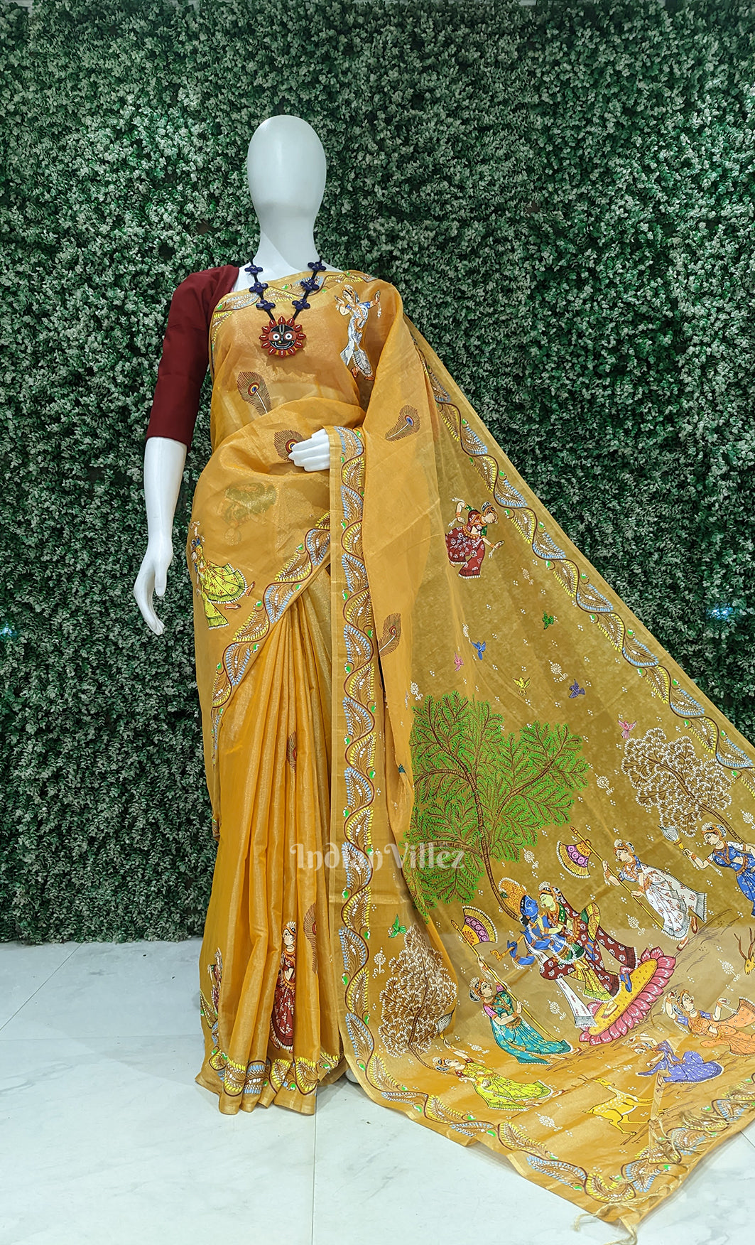 Mustard Yellow Krishna Rasa Leela Hand-Painted Pattachitra Saree
