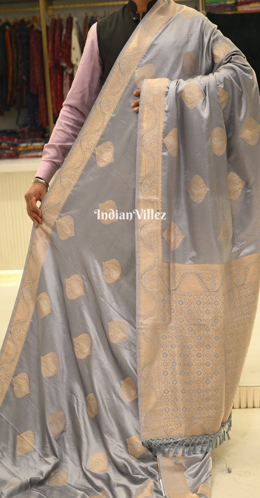 Grey Golden Nylon Pure Satin Silk Banarasi Saree