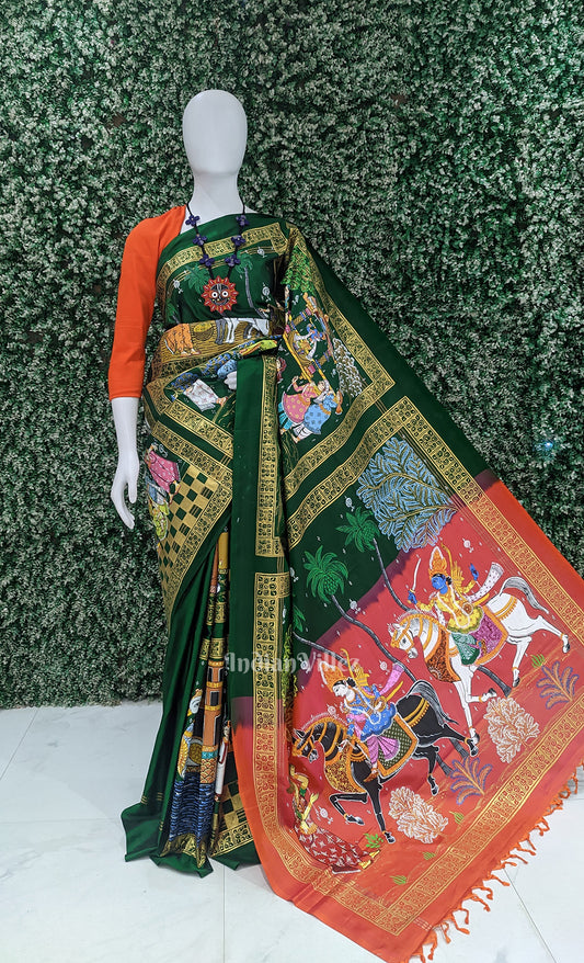 Green Red Hindu Festival Hand-Painted Pattachitra Saree