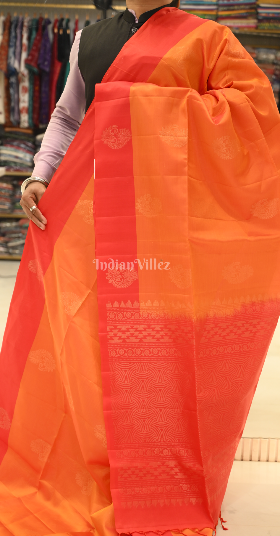 Orange Red Floral Zari Pure Kanjivaram Soft Silk Saree