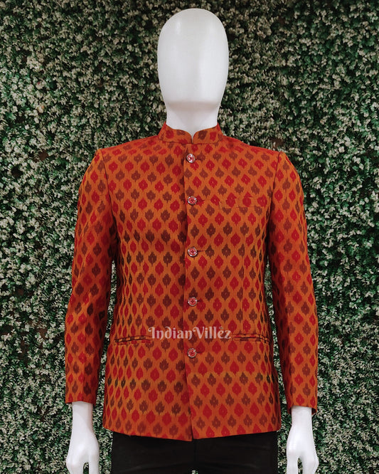 Rust Orange Jodhpuri Bandhgala Pochampally Ikat Men's Casual Blazer 