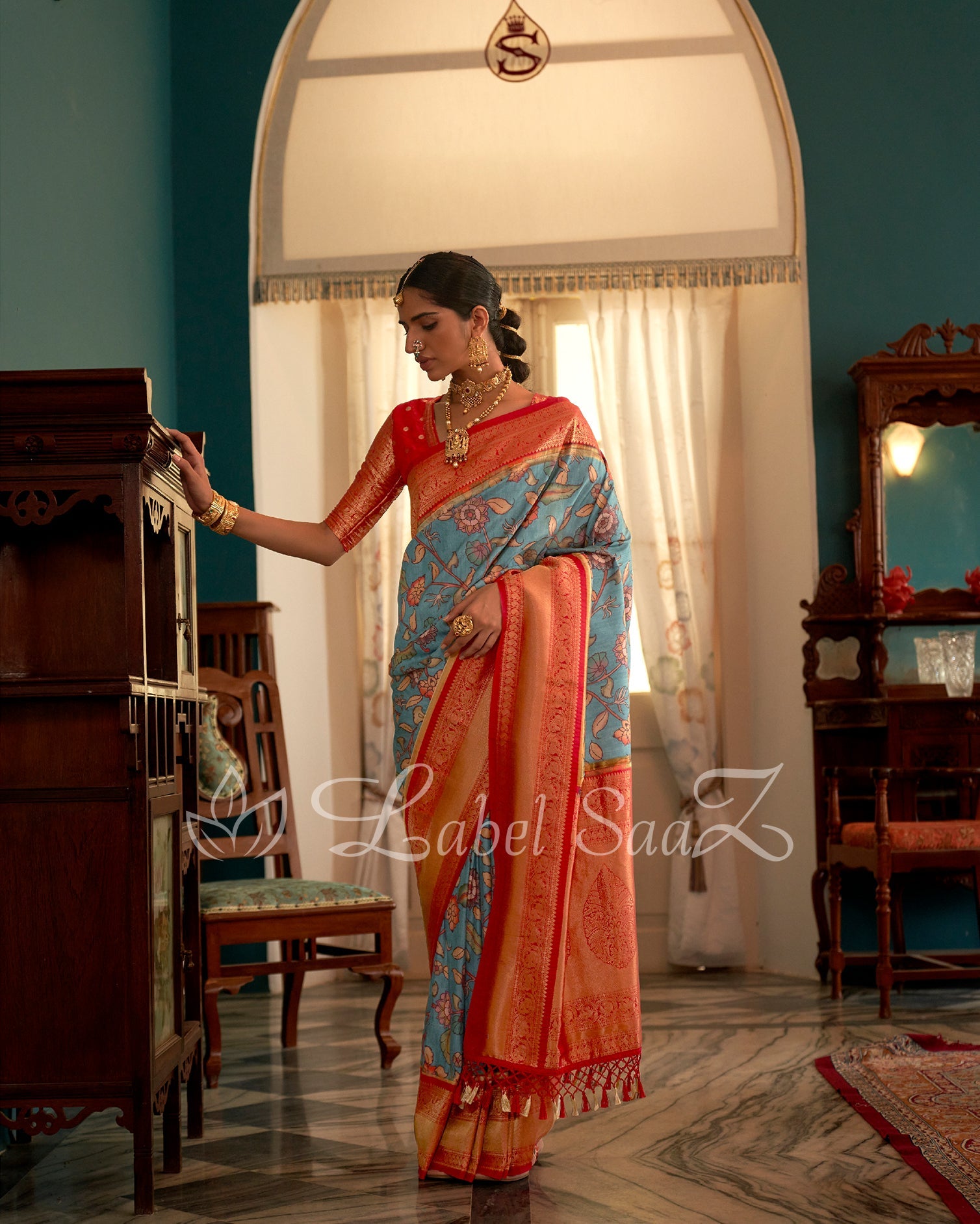 Blue Red Kalamkari Print on Kanjivaram Silk