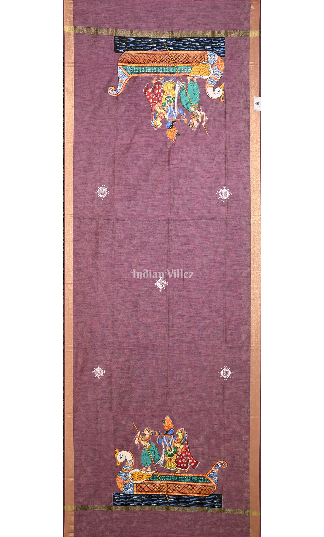 Purple Nauka Paar Hand-Painted Pattachitra Chanderi Dupatta 