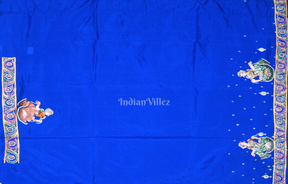 Green Blue Krishna Peacock Design Hand-Painted Pattachitra Saree