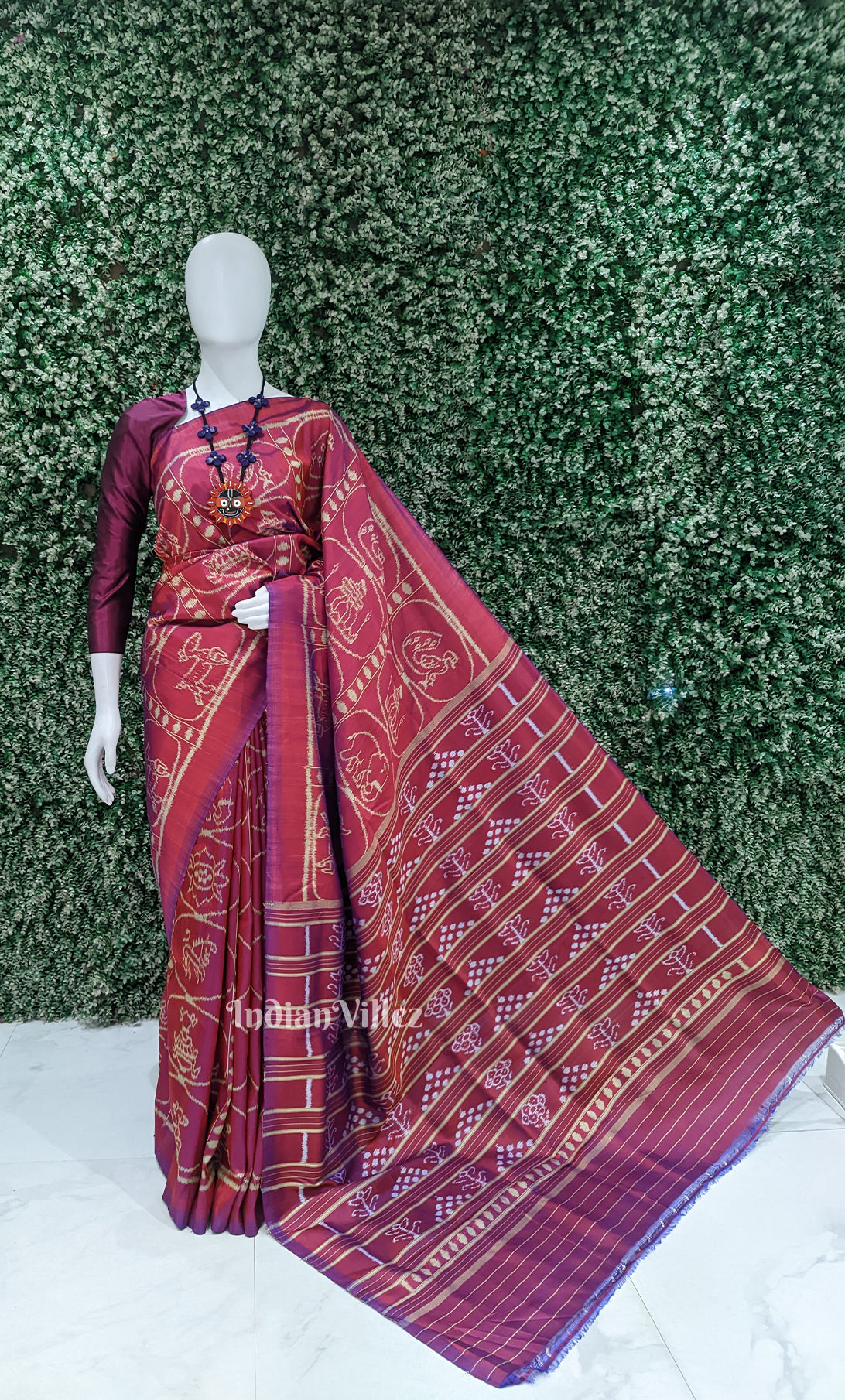Red Maroon Jhoti Theme Odisha Ikat Contemporary Designer Silk Saree