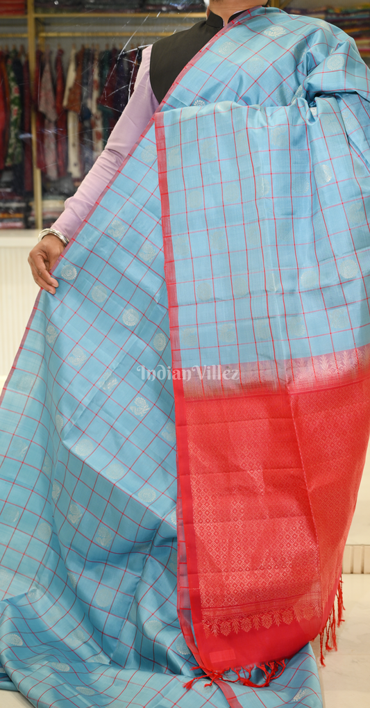 Sky Blue Red Checks Pure Kanjivaram Soft Silk Saree