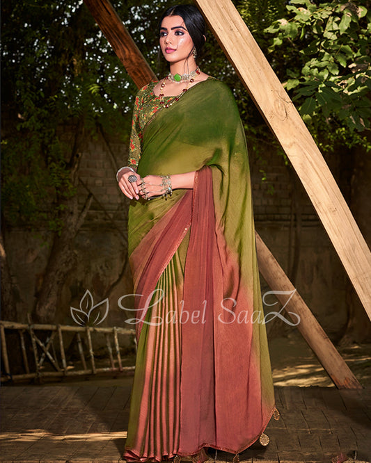 Green Mehendi Rust Chiffon Saree with Floral Blouse 