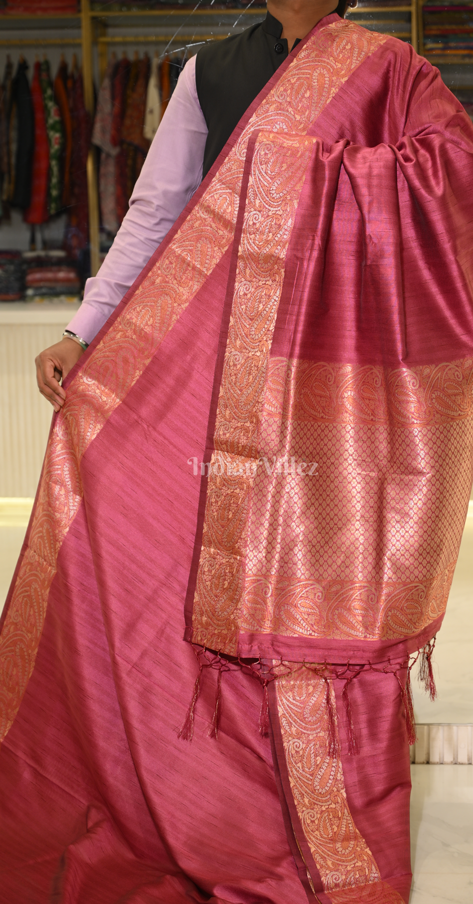 Cherry Red Tussar Silk Banarasi Saree