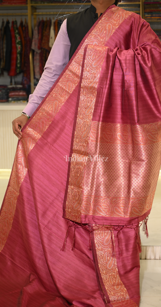 Cherry Red Tussar Silk Banarasi Saree