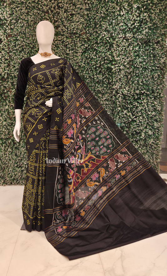 Coffee Neon Yellow Nabakothi Odisha Ikat Contemporary Designer Silk Saree