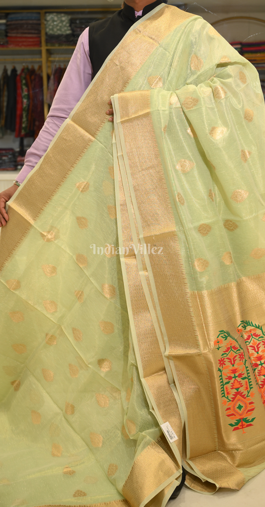 Kiwi Green Kora Tissue Saree With Paithani Pallu