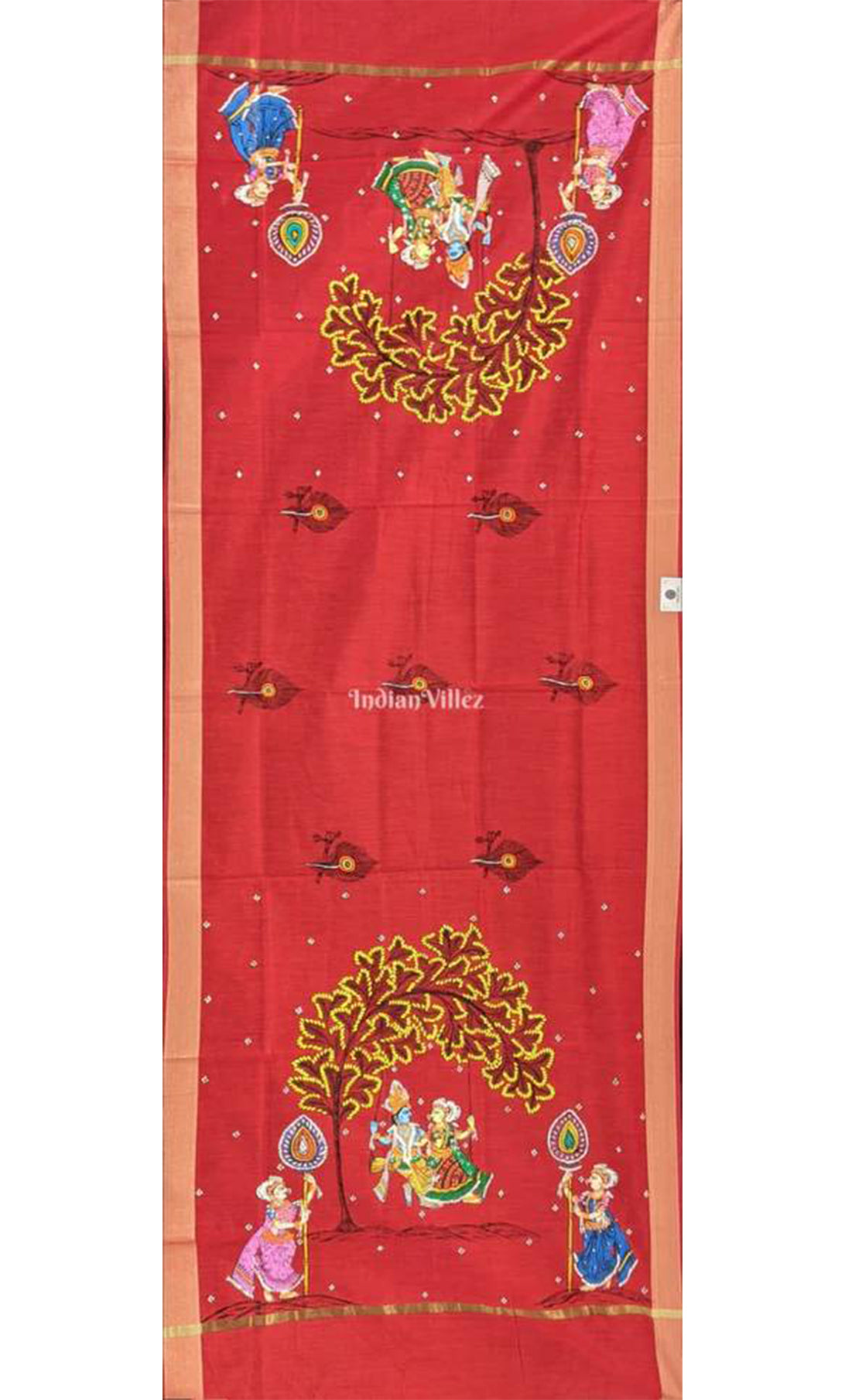 Red Radha Krishna Pattachitra Art on Chanderi Dupatta
