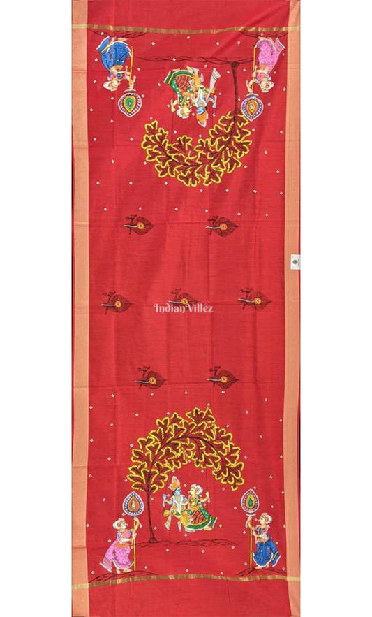 Red Radha Krishna Pattachitra Art on Chanderi Dupatta
