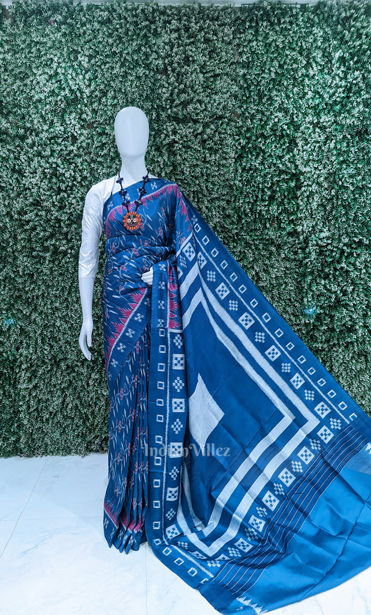 Blue Pink Pasapali  Border Odisha Ikat Contemporary Designer Silk Saree