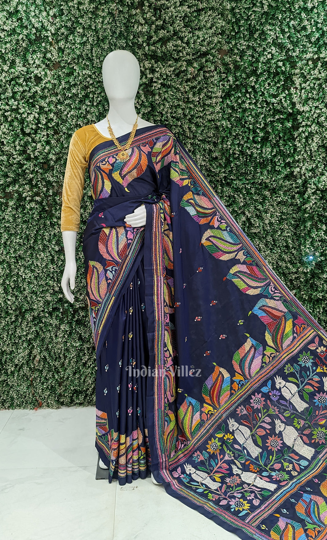 Royal Blue Handwoven Kantha Stitch Silk Saree