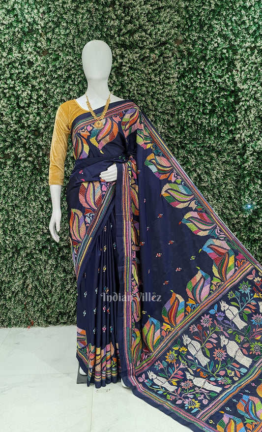 Royal Blue Handwoven Kantha Stitch Silk Saree