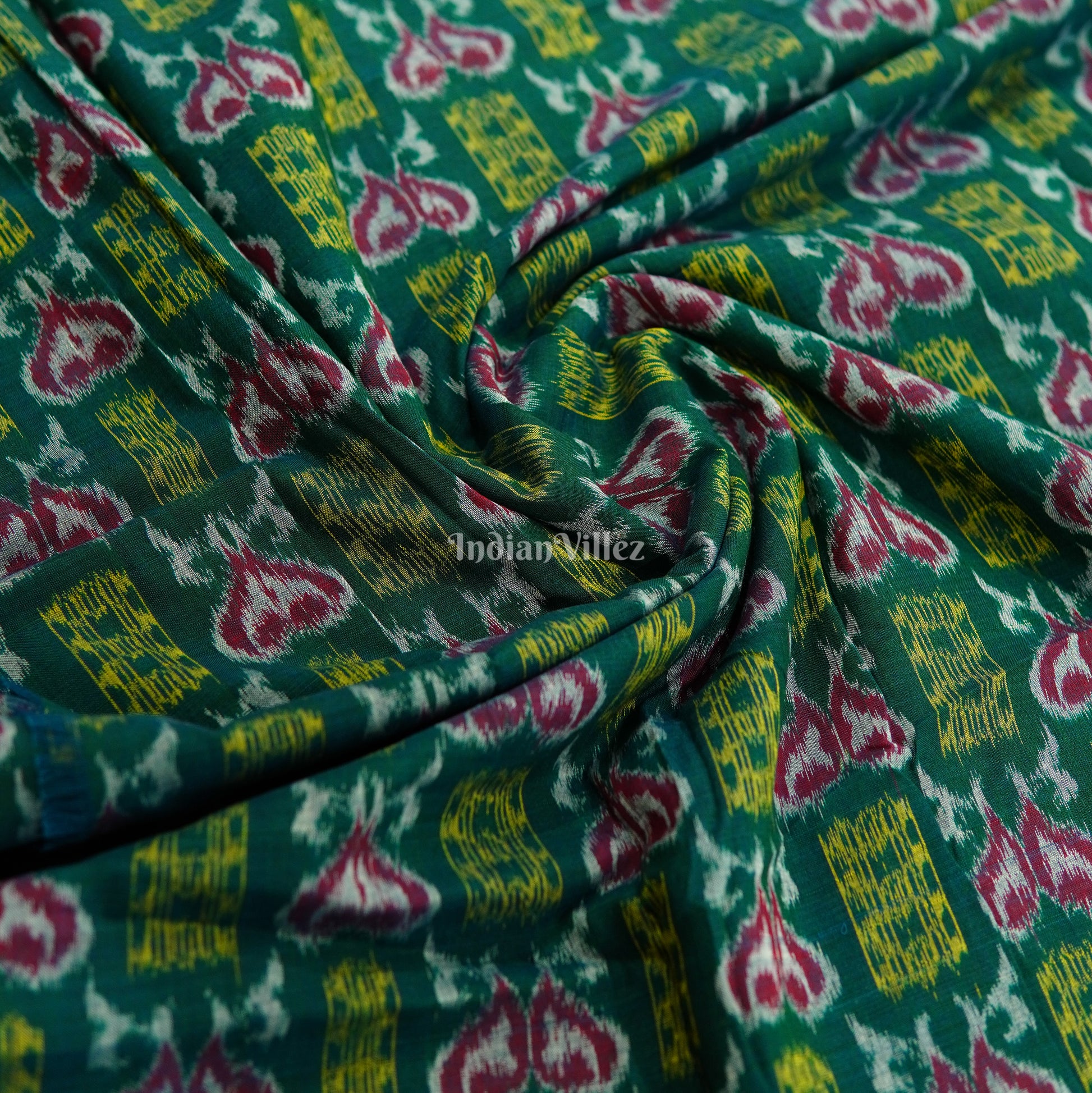 Dark Green Fish Theme Cotton Ikat Fabric