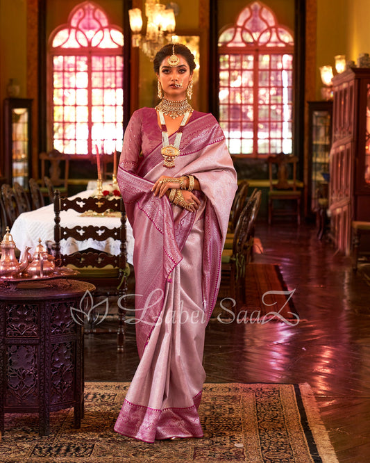 Pinkish White Pink Kanjivaram Silk Saree