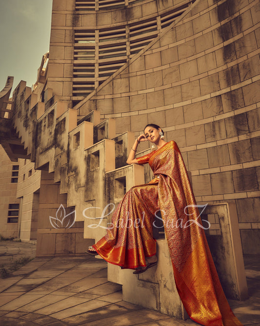 Orange Multicolor Kanjivaram Rich Zari Weaving Silk Saree - Exclusive Bridal Collection